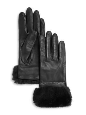 AQUA Faux Fur Cuff Leather Gloves, Black, Medium, NWT
